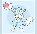 3_fingers 3_toes anthro ball_of_yarn bell bell_collar blue_body blue_fur cheek_tuft chest_tuft collar cute_fangs facial_tuft fangs feet fingers fur head_tuft inner_ear_fluff looking_at_viewer male one_fang open_mouth paws pink_nose question_mark simple_background solo teeth toes tongue tuft white_body white_fur yarn yellow_eyes melonhart mac_(shrike_alvaron) domestic_cat felid feline felis mammal