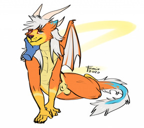 abstract_background ambiguous_gender animal_genitalia anthro balls blue_eyes blush closed_smile duo fully_sheathed fur genitals gloves_(marking) hair hand_on_chin male markings membrane_(anatomy) membranous_wings mouth_closed narrowed_eyes nude orange_body orange_fur sheath silly smile solo_focus tail white_hair white_wings wings yellow_balls yellow_body yellow_fur yellow_sheath famir mythology dragon furred_dragon furred_scalie mythological_creature mythological_scalie scalie 2020 dated signature