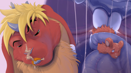 ambiguous_gender anthro blonde_hair blue_body blue_horn blue_tongue blush bodily_fluids brown_body brown_fur close-up clothed clothing cutaway drooling duo extreme_size_difference eyebrows feet fingers floppy_ears fur green_eyes group hair half-closed_eyes horn imminent_vore in_mouth internal larger_anthro larger_male larger_pred licking male male/male male_anthro male_pred mawplay micro mouth_play mouth_shot narrowed_eyes nude open_mouth oral oral_vore orange_body orange_clothing orange_fur partially_inside pink_tongue red_body red_fur saliva saliva_on_tongue saliva_string simple_background size_difference smaller_anthro smaller_male tail tan_body tan_fur teeth toes tongue tongue_out trio tuft vore wet yellow_body yellow_fur ayvore mythology cirez wafflemouse dragon hybrid lagomorph leporid mammal mouse murid murine mythological_creature mythological_scalie rabbit rodent scalie digital_media_(artwork) widescreen