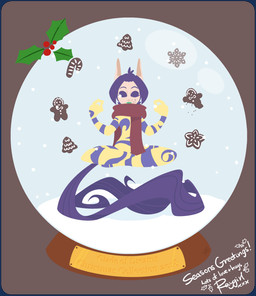 arms_bent balancing_on_tail bodysuit clothing crossed_legs crosslegged_pose eyebrows eyelashes female fingers front_view gingerbread_man green_lips grey_background hair holidays holly_(plant) lips long_ears long_tail meditation not_furry one_eye_closed pink_tongue plant purple_eyebrows purple_eyelids purple_hair purple_tail red_scarf scarf short_hair simple_background skinsuit snow snow_globe snowing solo tail tan_body tan_skin text tight_clothing tongue tongue_out yellow_bodysuit yellow_clothing yellow_skinsuit raygirl christmas rayman_(series) ubisoft ly_the_fairy fairy humanoid tailed_humanoid 2018 2d_animation animated artist_name colored digital_media_(artwork) english_description english_text shaded