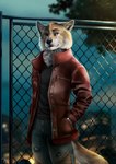 anthro bottomwear building chain-link_fence city city_background clothing coat denim denim_bottomwear denim_clothing facial_scar fence hands_in_both_pockets jacket jeans male night pants scar solo topwear veyz legend_of_ahya canid canine canis mammal wolf hi_res