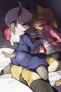 alternative_fashion anthro brown_hair clothing duo female female/female gyaru hair j-fashion kemono kogal school_uniform strapped uniform white_hair young suurin_2 bovid canid canine canis caprine domestic_dog domestic_sheep mammal sheep 2:3 digital_media_(artwork)