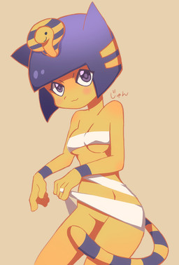 5_fingers :3 anthro bandage bangs bare_shoulders between_fingers blonde_hair blunt_bangs blush bob_cut breasts brown_background cleavage clothed clothing dressing egyptian eyeliner featureless_crotch female fingers front_view fur hair headpiece jewelry kemono makeup markings medium_breasts mouth_closed multicolored_body multicolored_fur multicolored_hair multicolored_tail purple_body purple_eyes purple_fur purple_hair purple_stripes purple_tail simple_background smile solo standing striped_body striped_fur striped_hair striped_markings striped_tail stripes tail tail_markings thin_tail two_tone_body two_tone_fur two_tone_hair two_tone_tail under_boob uraeus yellow_body yellow_fur yellow_stripes yellow_tail tomeka_jun animal_crossing nintendo ankha_(animal_crossing) cobra domestic_cat felid feline felis mammal reptile scalie snake tabby_cat digital_media_(artwork) portrait signature three-quarter_portrait