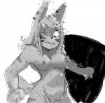 embarrassed female fur long_ears navel nude scar sharp_teeth shield simple_background solo striped_body striped_fur stripes surprise teeth upset smekbo latchkey_kingdom min-a nu-ray yuman monochrome