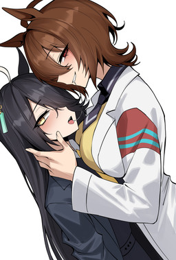 accessory after_kiss black_clothing black_hair black_jacket black_topwear blush blushing_at_viewer bodily_fluids brown_hair clothed clothed_female clothing coat duo ear_piercing eyebrows female female/female hair hair_over_eye horse_ears jacket lab_coat light_body light_skin looking_at_viewer necktie neckwear piercing saliva saliva_on_tongue saliva_string simple_background smile smiling_at_viewer suit_jacket topwear white_background white_clothing white_coat white_topwear vvernerluniq cygames uma_musume_pretty_derby agnes_tachyon_(pretty_derby) manhattan_cafe_(pretty_derby) animal_humanoid equid equid_humanoid equine equine_humanoid horse_humanoid humanoid mammal mammal_humanoid absurd_res hi_res