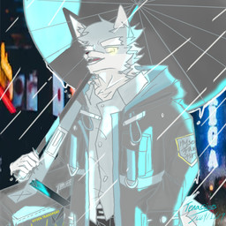 anthro clothed clothing male raining salvation_changes smile solo tenacious_swellhead text umbrella unknown_artist bill.hysen_(salvation_changes) canid canine canis mammal wolf 1:1