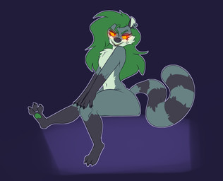 ambiguous_gender anthro black_lips black_nails colored_nails ear_piercing ear_ring femboy fur gloves_(marking) glowing glowing_eyes green_hair green_pawpads grey_body grey_fur grin hair leg_markings leg_stretch lips long_hair male markings nails nude pawpads piercing ring_piercing sitting smile socks_(marking) solo striped_markings stripes tail yellow_eyes metal_(artist) dimitri_nazthoron eldritch_being herpestid mammal mongoose