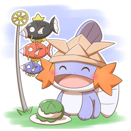 ambiguous_gender blush clothing eyes_closed feral food grass hat headgear headwear open_mouth open_smile plant pole smile solo tongue yoshi00000091 nintendo pokemon generation_1_pokemon generation_3_pokemon magikarp mudkip pokemon_(species) 1:1 2021 hi_res