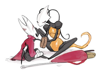 2_horns antennae_(anatomy) anthro arm_wraps black_body black_eyes cape clothing duo eyes_closed female female/female female_anthro grey_body head_horn horn leg_wraps red_cape red_clothing simple_background sitting touching_face white_background white_face wounded wraps swaybat hollow_knight:_silksong hollow_knight_(franchise) team_cherry hornet_(hollow_knight) shakra_(hollow_knight:_silksong) arthropod insect 2025 digital_drawing_(artwork) digital_media_(artwork) hi_res