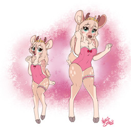 accessory adolescent aged_down aged_up anthro blush brown_body brown_fur clothed clothing crown female front_view fur garter gradient_background green_body headgear hooves inner_ear_fluff one-piece_swimsuit pink_clothing pose shoulder_length_hair simple_background solo standing swimwear tan_body tan_fur tiara tuft young young_anthro young_female nekostar deer mammal 1:1 2025 digital_media_(artwork) hi_res signature