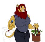 anthro basket big_breasts breasts claws clothed clothing container credit_card facial_hair facial_piercing finger_claws groceries gynomorph intersex lip_piercing muscular piercing purple_eyes solo tall walking attack_at_dawn sahari_alder felid lion mammal pantherine sketch