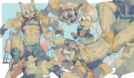 abs anthro barazoku biceps blue_body blue_fur chibi fur looking_at_viewer male muscular muscular_anthro muscular_male pecs solo white_body white_fur yellow_eyes viosgit canid canine canis mammal wolf 2024 cover hi_res magazine_cover