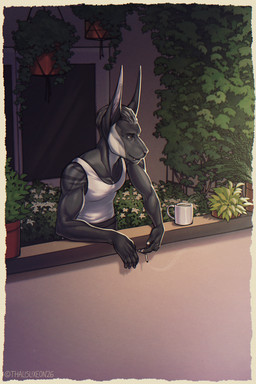 5_fingers anthro biped bottomwear cigarette clothed clothed_anthro clothed_male clothing fingernails fingers front_view fully_clothed fully_clothed_anthro fully_clothed_male hair male nails pants plant smile smoke solo standig teeth topwear thalislixeon acrador canid canine canis jackal mammal 2026 2:3 digital_drawing_(artwork) digital_media_(artwork) hi_res