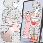 anthro blue_eyes bra clothing diaper dress feces grey_body male mirror rear_view reflection soiled_diaper solo unclean_diaper underwear used_diaper chocolatekitsune felid mammal pantherine snow_leopard 1:1 colored signature