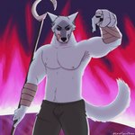 anthro armpit_hair body_hair bottomwear bulge chest_fur cloak clothing fire fire_background fluffy fur grey_body grey_fur male muscular pants pawpads pecs red_eyes shirtless solo tail tongue tongue_out weapon cariadcarw dreamworks puss_in_boots_(franchise) death_(puss_in_boots) canid canine canis mammal wolf 1:1 hi_res