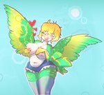 anthro beak big_breasts blonde_hair blush bottomwear breasts clothed clothing female hair hand_on_breast heart_symbol holding_breast huge_breasts legwear navel nipple_grab nipples overweight shorts smile solo stockings thick_thighs tongue tongue_out wings mistleinn fan_character avian hi_res