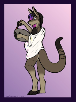 anthro black_border black_hair border bottomless bottomless_anthro bottomless_male brown_body brown_fur brush clothed clothing digitigrade fingerless_(marking) fingerless_gloves_(marking) fur gloves_(marking) grey_eyes hair humanoid_hands leg_markings male markings messy_clothing off-shoulder_top oversized_clothing oversized_topwear paintbrush pallete pregnant pregnant_anthro pregnant_male purple_background purple_hair_tips rear_view simple_background socks_(marking) solo standing tail topwear dansharkman skylar_(dansharkman) kangaroo macropod mammal marsupial 2023 3:4 digital_drawing_(artwork) digital_media_(artwork) english_description hi_res