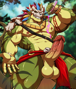abs anthro balls biceps big_penis bodily_fluids bone bone_mask bottomwear bottomwear_aside claws clothing clothing_aside deltoids erection genitals glans green_body humanoid_genitalia humanoid_penis inviting loincloth loincloth_aside male mask muscular muscular_anthro muscular_arms muscular_male muscular_thighs nipple_piercing nipple_ring nipples nude pecs penis piercing pouring pouring_onto_self ring_piercing serratus simple_background skull skull_mask smile solo tail triceps vein veiny_muscles veiny_penis yellow_eyes drks terraria witch_doctor_(terraria) lihzahrd lizard reptile scalie absurd_res hi_res