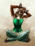 anthro bodice brown_body brown_fur clothing colored_nails corset crossed_legs eyes_closed female fur head_tilt lace leggings legwear lingerie nails sitting smile solo tight_clothing tights topwear coypowers lindsey_(coypowers) canid canine canis coyote mammal 2022 hi_res