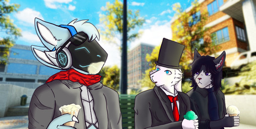 anthro bench blue_body blue_eyes blue_fur clothing food fur group ice_cream_cone machine male messy park park_bench purple_eyes scarf suit trio white_body white_fur freshdacat kenny_(hyperbirdy) ryan_(freshdacat) domestic_cat felid feline felis lagomorph leporid mammal protogen rabbit tuxedo_cat hi_res