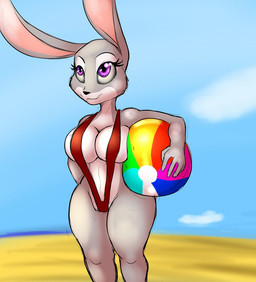 anthro ball beach_ball big_breasts bikini breasts cleavage clothed clothing curvy_figure female hand_behind_back holding_object inflatable long_ears one-piece_swimsuit pool_toy purple_eyes side_boob sling_bikini smile solo swimwear thick_thighs two-piece_swimsuit unsigned voluptuous wide_hips makarimorph disney zootopia judy_hopps lagomorph leporid mammal rabbit 2016 digital_media_(artwork)