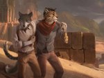 anthro clothed clothing detailed_background duo green_eyes male standing lofi canid canine canis coyote domestic_cat felid feline felis mammal 2019 4:3 digital_media_(artwork) digital_painting_(artwork) hi_res