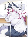 anthro big_breasts bottomwear breasts clothed clothing cross-popping_vein female fully_clothed fur grey_body grey_fur huge_breasts kemono multicolored_body multicolored_fur open_mouth school_uniform side_view sitting skirt solo text tongue two_tone_body two_tone_fur uniform vein white_body white_clothing white_fur kishibe husky_(kishibe) canid canine canis domestic_dog husky mammal nordic_sled_dog spitz absurd_res hi_res japanese_text portrait three-quarter_portrait translated