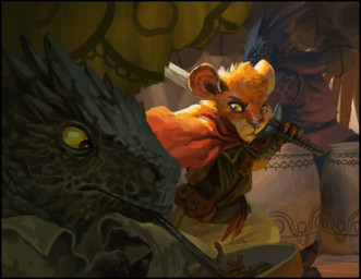 ambiguous_gender anthro awning belt_pouch bowl cloak clothing container eating fantasy group long_tongue market market_stall melee_weapon public shirt sword tongue topwear tunic weapon wraps wrist_wraps jerome_jacinto felid mammal pantherine reptile scalie worm