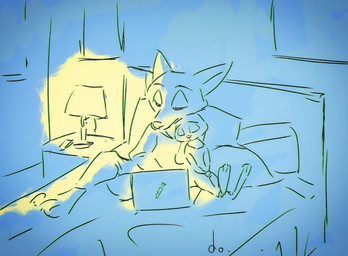 anthro bed clothed clothing computer duo electronics eyes_closed eyes_mostly_closed fully_clothed furniture inside lamp laptop narrowed_eyes nightstand on_bed sleeping pnoll disney zootopia judy_hopps nick_wilde canid canine fox lagomorph leporid mammal rabbit red_fox true_fox 2020