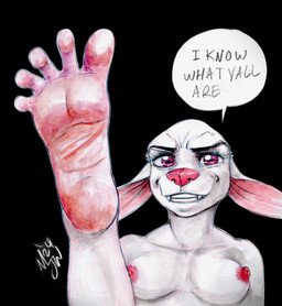 5_toes anthro big_ears biped black_background breasts dialogue eyebrows eyelashes fangs feet female foot_focus fur humanoid_feet laios_foot_meme looking_at_viewer nipples pink_eyes pink_nipples pink_nose plantigrade raised_leg simple_background small_breasts smile smiling_at_viewer soles solo speech_bubble spread_toes teeth toes white_body white_fur white_sclera mjw_darkmode kiva_(mjw_darkmode) bovid canid canine caprine hybrid mammal sheep 2024 absurd_res hi_res meme signature traditional_media_(artwork)