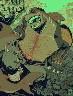 anthro bench black_bottomwear black_clothing black_hair black_pants body_hair bottomwear brown_body brown_scales bucket chain chest_hair cleaning_tool clothing container cybernetic_arm cybernetic_limb eye_scar facial_scar fence fin fin_piercing fin_ring footwear furgonomic_piercing furgonomics gauge_piercing gauged_fin gills gold_(metal) gold_tooth grate green_background hair male mop muscular muscular_anthro muscular_male nipples non-mammal_nipples on_bench open_mouth orange_clothing orange_underwear pants pecs piercing plant scales scar shoes simple_background sitting sitting_on_bench sneakers solo tail tail_fin tongue underwear bigsquidman benjamin_holt aquatic fish shark 2026 hi_res
