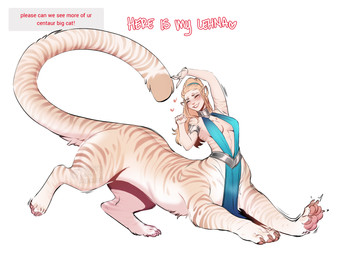 blonde_hair blue_clothing blush breasts claws clothing eyes_closed female hair pawpads simple_background smile solo stretching striped_body stripes tail text white_background sweetburn lehna_(sweetburn) felid felid_taur humanoid_taur mammal mammal_taur taur 2026 digital_media_(artwork) english_text hi_res
