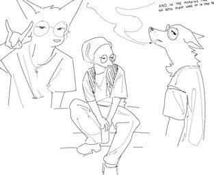anthro beanie clothing ears_down gesture hand_gesture hat headgear headwear male pivoted_ears shirt sitting smoking solo t-shirt text topwear v_sign dowlgrett canid canine mammal monochrome sketch