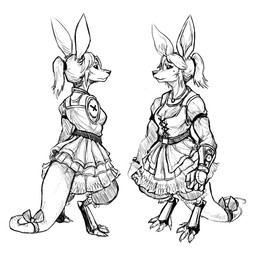 accessory anthro armor belt bottomwear bow_(feature) bow_accessory bow_ribbon clock clothing digitigrade dress female furgonomics gauntlets gloves hair handwear jewelry markings mole_(marking) necklace ponytail ribbons shortstack shortstack_female skirt solo tail tail_accessory tail_bow tail_ribbon watch guoh armadillo mammal xenarthran digital_drawing_(artwork) digital_media_(artwork) monochrome