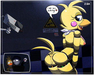 anthro anus beak bib black_sclera blue_eyes breasts butt camera dark female genitals group heart_symbol machine male nipples non-mammal_breasts non-mammal_nipples presenting presenting_anus presenting_hindquarters presenting_vulva seductive teeth text toothed_beak vulva felino five_nights_at_freddy's five_nights_at_freddy's_2 scottgames jeremy_fitzgerald marionette_(fnaf) toy_chica_(fnaf) withered_chica_(fnaf) animatronic avian bird chicken galliform human mammal phasianid robot robot_anthro 2014 english_text hi_res