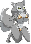 anthro bikini clothing crossgender female fur gold_bikini grey_body grey_fur mostly_nude mtf_crossgender solo swimwear two-piece_swimsuit yellow_eyes wallyroo dark_souls fromsoftware golden_week great_grey_wolf_sif canid canine canis mammal wolf absurd_res hi_res tagme