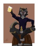 alcohol anthro arm_tuft aroused balls barrel beer beer_bottle beer_foam beer_glass beer_mug beverage black_body black_fur blush bottle cheek_tuft clothing container drunk elbow_tuft eyes_closed facial_tuft feet femboy fluffy fluffy_chest fluffy_ears fluffy_hair fluffy_tail fur genitals grey_body grey_fur hair handpaw happy hindpaw knot knotted_penis male mostly_nude neck_tuft pawpads paws penis semi_nude shirt simple_background simple_coloring simple_eyes simple_face simple_nose smile solo solo_focus solo_in_panel substance_intoxication tail teeth teeth_showing topwear tuft yellow_body yellow_fur shibatoast canid canine canis domestic_dog hyena mammal absurd_res hi_res shaded simple_shading