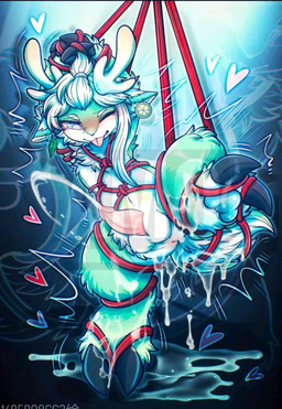 anthro antlers bdsm bodily_fluids cum genital_fluids genitals heart_symbol horn male messy orgasm_face penis red_rope rope solo tongue tongue_out gracieamai deer mammal hi_res