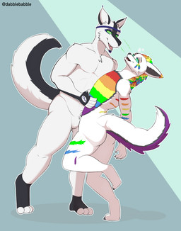 3_toes 5_fingers anthro anthro_on_anthro biped blue_background blue_eyes butt cute_fangs digitigrade duo eye_contact fangs featureless_crotch feet fingers fur grabbing_another green_eyes holding_another hypnosis hypnotic_eyes looking_at_another male male/male mind_control multicolored_body multicolored_fur nude open_mouth purple_body purple_fur rainbow_body rainbow_fur ringed_eyes side_view sight_line simple_background standing swirl teeth text toes tongue white_body white_butt white_fur dabelette keyrune canid canine canis mammal wolf 2025 artist_name digital_drawing_(artwork) digital_media_(artwork) hi_res