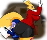 ambiguous_species anthro bandai_namco big_breasts big_butt breasts butt canid clothed clothing digimon digimon_(species) duo ear_piercing electronics english_text female hi_res kirbot12 male mammal phone piercing renamon text xen_(kirbot12)