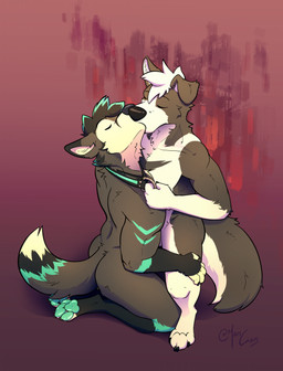 collar collar_pull kissing kneeling male male/male tugging marscanis canid canine mammal absurd_res hi_res