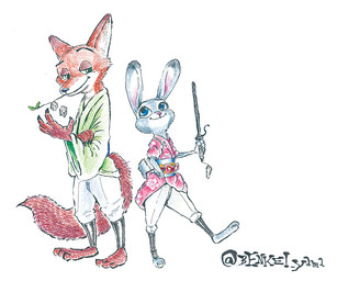 anthro barefoot blue_eyes claws d6 dice duo feet female fur green_eyes looking_back male melee_weapon simple_background smile sword weapon disney zootopia judy_hopps nick_wilde canid canine fox lagomorph leporid mammal rabbit red_fox true_fox 2016 6:5