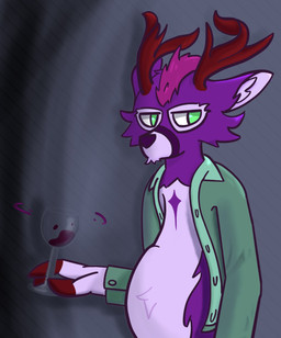 alcohol anthro antlers beverage clothed clothing container cup drinking_glass flannel_shirt glass glass_container glass_cup green_eyes hair hooves horn male mane open_clothing open_shirt open_topwear pregnant pregnant_male purple_body shirt shirt_collar solo topwear wine wine_glass anonymous_artist deweydadeer deer mammal 2026 digital_media_(artwork) hi_res portrait