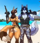 anthro back_muscles beach belt big_breasts bottomwear bra breasts butt butt_pose buxom carrying_over_shoulder cetme_l clothing cloud duo ear_piercing ear_ring explosives female gloves grenade gun hand_on_torso handwear holding_gun holding_object holding_ranged_weapon holding_weapon looking_at_another looking_at_partner looking_at_viewer male male/female military_pants military_vest muscular muscular_anthro muscular_female muscular_male muscular_thighs outside palm_tree piercing plant pose presenting ranged_weapon rear_view ring_piercing sand shorts sky smile smiling_at_another smiling_at_partner smiling_at_viewer steyr_aug teasing tight_bottomwear tight_clothing tight_shorts topwear tree underwear vest water weapon pgm300 tiffany_fox_(foxenprints) zaki_vastall_(zakiv) canid canine fox mammal red_fox true_fox 2024 absurd_res hi_res signature