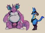 ambiguous_gender animal_genitalia anthro balls bell belly big_belly big_sheath blue_body blue_fur butt claws duo fully_sheathed fur genitals looking_back male male/ambiguous overweight overweight_male purple_balls purple_sheath red_eyes sheath simple_background size_difference smile standing daftpatriot nintendo pokemon canid canine generation_1_pokemon generation_4_pokemon lucario mammal nidoking pokemon_(species) reptile scalie hi_res