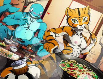 anthro areola blush bodily_fluids breasts cooking duo dwarfism exposure_variation female food fur green_eyes grin larger_male love male muscular muscular_female nipples nude satisfied size_difference smaller_female smile stripes sweat teeth fly-sky-high tales_of_the_ashes_(series) grimmoro_(character) lao_tian_(character) aquatic cetacean felid mammal pantherine physeteroid sperm_whale tiger toothed_whale whale 2016