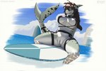 2023 3:2 anthro bikini bikini_top bodily_fluids braided_hair brown_hair clothing cloud dripping ear_piercing feet_in_water female fin fish freckles gauged_ear genital_fluids genitals hair hi_res looking_at_viewer marine mostly_nude piercing presenting presenting_pussy pussy seductive shark sitting skipsy sky smile solo spread_legs spreading surfboard swimwear sylvia_shoal tail tail_fin water