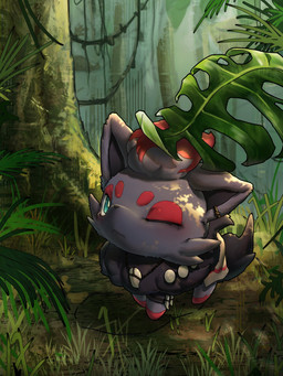 ambiguous_gender black_body black_fur black_nose feral fluffy fluffy_chest forest fur jewelry necklace one_eye_closed plant quadruped snout solo tail tree tribal tribal_jewelry tribal_necklace mimideu64931 nintendo pokemon canid canine canis generation_5_pokemon mammal pokemon_(species) zorua 2026 3:4 hi_res