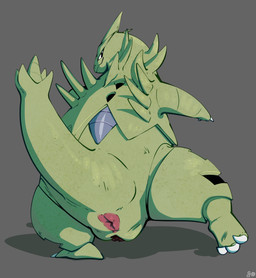 3_fingers 3_toes anus biped butt claws feet female feral fingers genitals green_body green_skin green_spikes green_tail grey_background long_tail looking_at_viewer looking_back nude pink_anus plump_labia presenting presenting_anus presenting_hindquarters presenting_vulva puffy_anus raised_leg simple_background solo spiked_tail spikes spikes_(anatomy) standing tail toes vulva white_claws fizzpop nintendo pokemon generation_2_pokemon pokemon_(species) tyranitar 2025 hi_res signature