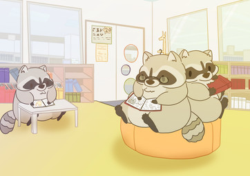 black_eyes black_nose book bookshelf chibi detailed_background dot_eyes eyewear furniture glasses group inside reading simple_eyes sitting slightly_chubby yuswith2354 mammal procyonid raccoon 2022 hi_res